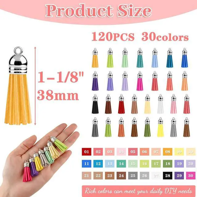 Alt view image 2 of 7 - NEBURORA 120 Pcs Multicolor Keychains Tassel 38mm Silver White Hat Leather Tassels for Jewelry Keychain Making Craft Supplies