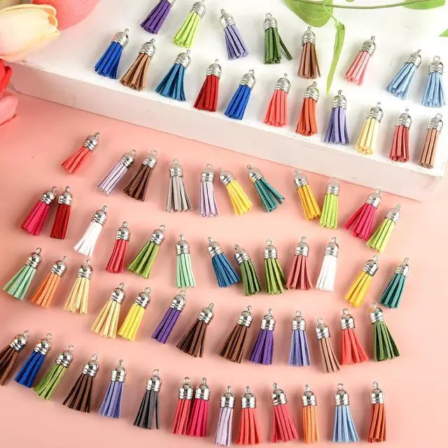 Alt view image 4 of 7 - NEBURORA 120 Pcs Multicolor Keychains Tassel 38mm Silver White Hat Leather Tassels for Jewelry Keychain Making Craft Supplies