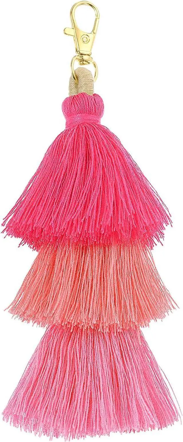 Main image of uxcell Tri-Layered Tassels 6.7Inch Tassel Bag Charm Bohemian Keychains Handmade Tassel Keychain for DIY Projects, Jewelry Making, Decoration (Rose Red/Red/Pink)