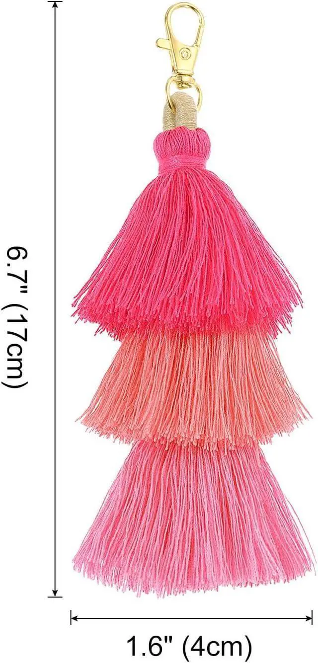 Alt view image 2 of 7 - uxcell Tri-Layered Tassels 6.7Inch Tassel Bag Charm Bohemian Keychains Handmade Tassel Keychain for DIY Projects, Jewelry Making, Decoration (Rose Red/Red/Pink)