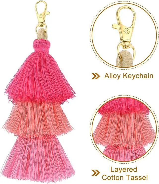 Alt view image 3 of 7 - uxcell Tri-Layered Tassels 6.7Inch Tassel Bag Charm Bohemian Keychains Handmade Tassel Keychain for DIY Projects, Jewelry Making, Decoration (Rose Red/Red/Pink)