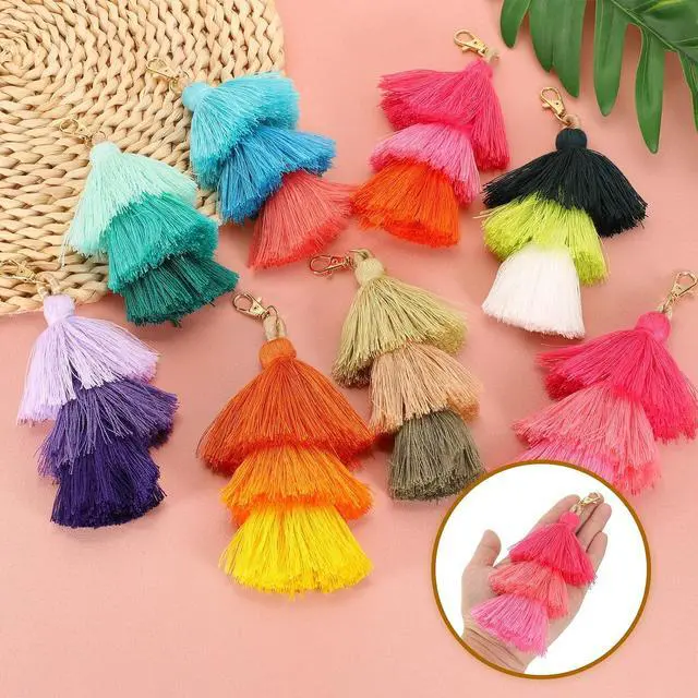 Alt view image 4 of 7 - uxcell Tri-Layered Tassels 6.7Inch Tassel Bag Charm Bohemian Keychains Handmade Tassel Keychain for DIY Projects, Jewelry Making, Decoration (Rose Red/Red/Pink)
