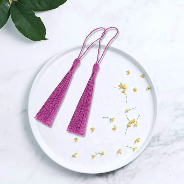 Alt view image 4 of 7 - VAPKER 100 Pieces Dark Pink Tassels 13cm/5-Inch Silky Handmade Soft Tassels Floss Bookmark Tassels with 2-Inch Cord Loop for Jewelry Making, DIY Projects, Bookmarks