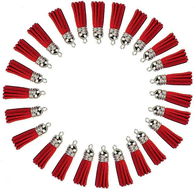 Main image of Keychain Tassels Leather Tassel Pendants with Silver White Caps,Tassel Charm for Jewelry Making Keychain Bracelets Ring Crafts -30pcs(1-1/2 inch,Red)