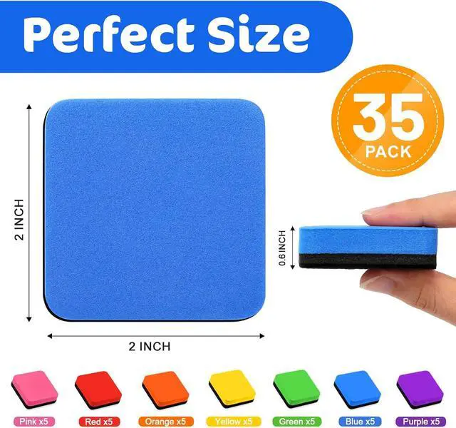 Alt view image 2 of 7 - FUMILE 35 Pack Magnetic Mini Dry Erase Whiteboard Erasers for Classroom | 7 Colors Chalkboard Cleaner Wiper for Kids, Classroom Office and Home, Eraser Bulk, Student Must Have, Teacher Supplies