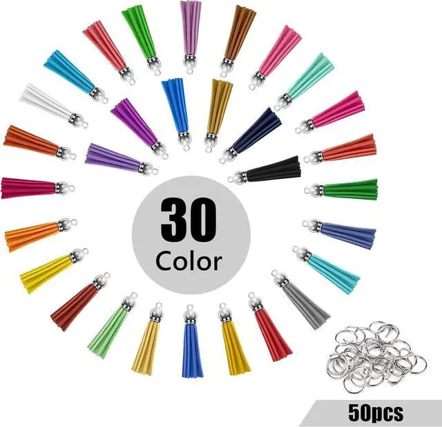 Alt view image 2 of 6 - 120 Pack Leather Keychain Tassels Charms Silver White Cap Multicolor Tassels for Jewelry Keychain Making Bracelets Craft Supplies (Multicolor, 55mm)