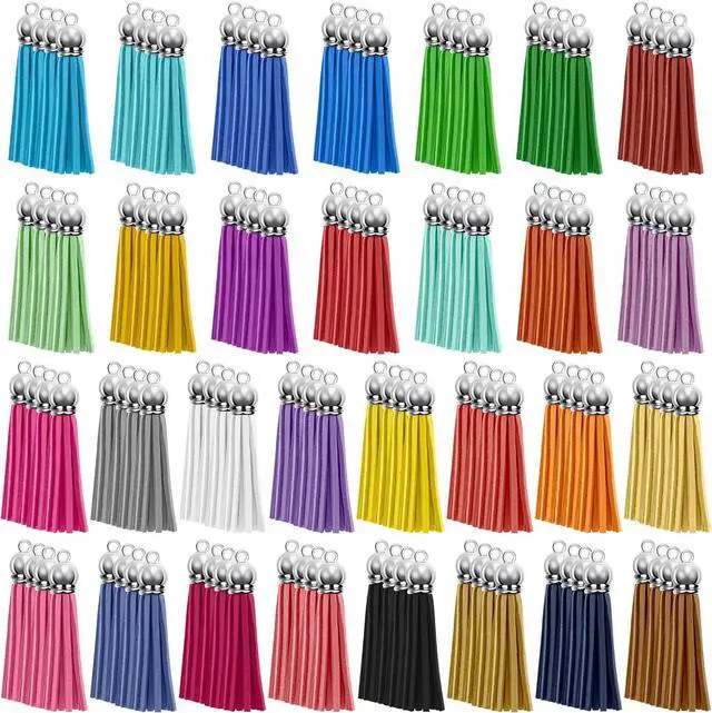 Main image of 120 Pack Leather Keychain Tassels Charms Silver White Cap Multicolor Tassels for Jewelry Keychain Making Bracelets Craft Supplies (Multicolor, 55mm)