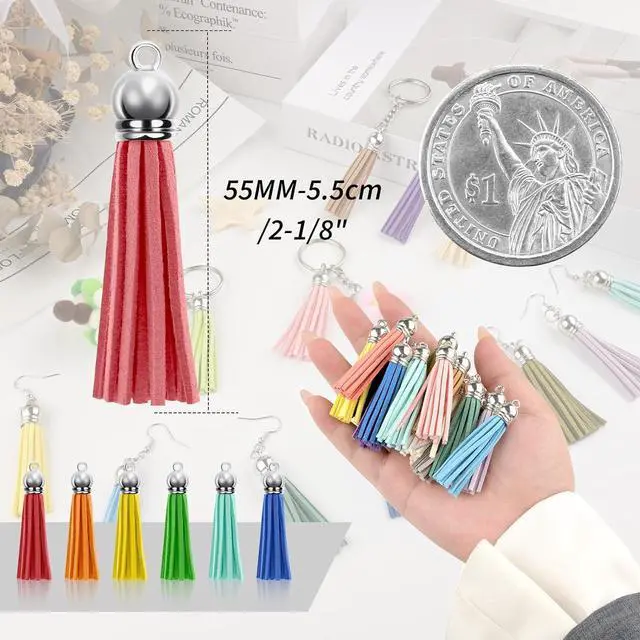 Alt view image 3 of 6 - 120 Pack Leather Keychain Tassels Charms Silver White Cap Multicolor Tassels for Jewelry Keychain Making Bracelets Craft Supplies (Multicolor, 55mm)