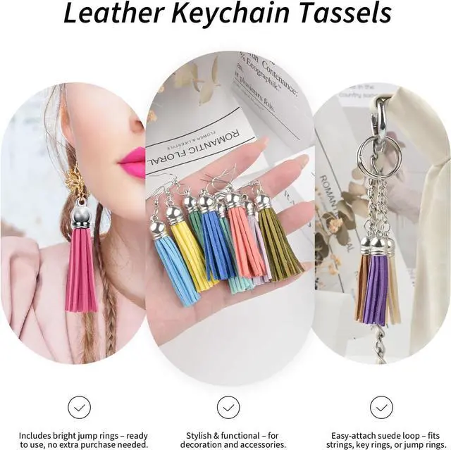 Alt view image 4 of 6 - 120 Pack Leather Keychain Tassels Charms Silver White Cap Multicolor Tassels for Jewelry Keychain Making Bracelets Craft Supplies (Multicolor, 55mm)