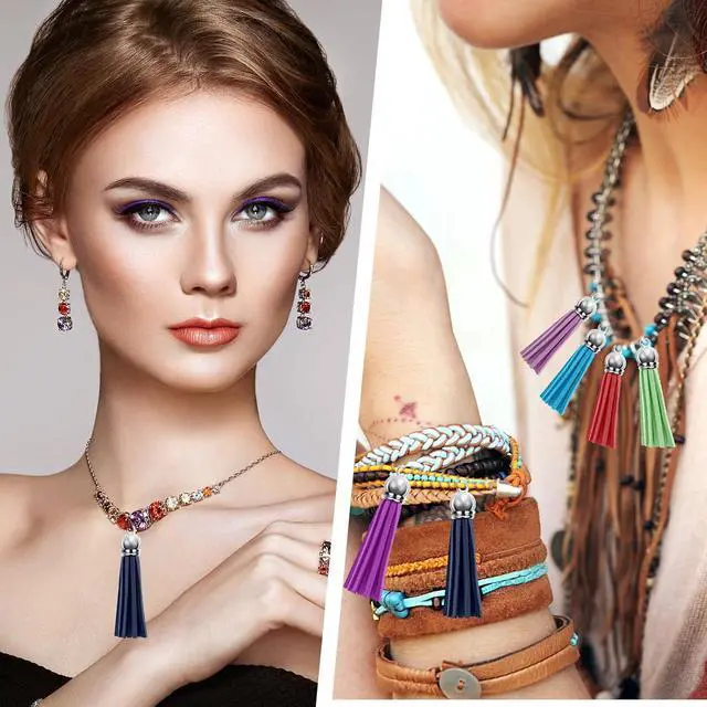 Alt view image 5 of 6 - 120 Pack Leather Keychain Tassels Charms Silver White Cap Multicolor Tassels for Jewelry Keychain Making Bracelets Craft Supplies (Multicolor, 55mm)