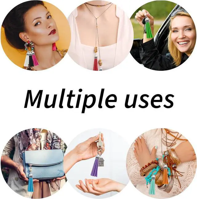 Alt view image 6 of 6 - 120 Pack Leather Keychain Tassels Charms Silver White Cap Multicolor Tassels for Jewelry Keychain Making Bracelets Craft Supplies (Multicolor, 55mm)