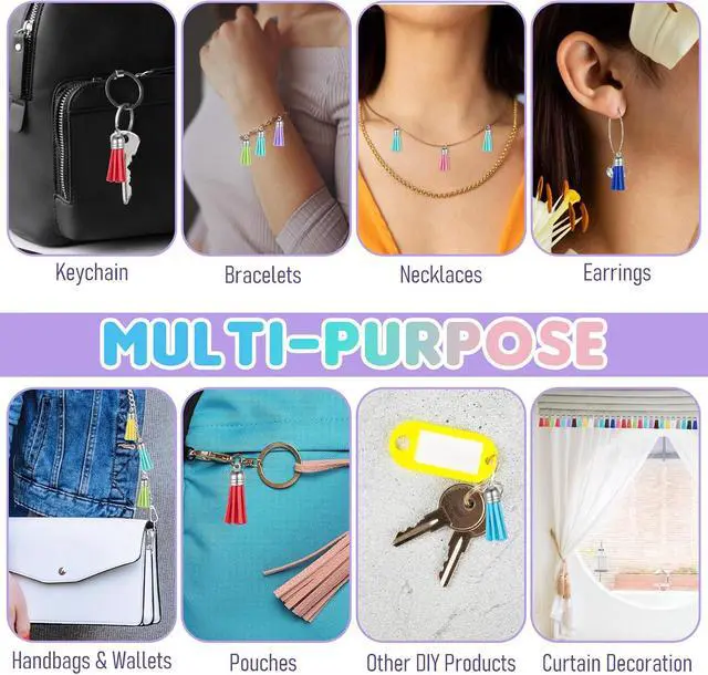 Alt view image 5 of 7 - 60 Pcs Tassels for Jewelry Making Keychain Tassels Leather Tassel Keychain Charms Bulk Colored Tassel Pendants for Bracelets, Acrylic Key Chain Blanks and Craft Supplies 30 Colors