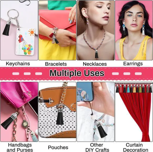 Alt view image 2 of 7 - Keychain Tassels Bulk, Paxcoo Small Tassels for Jewelry Making, 50pcs Leather Tassel Keychain Charms with 50pcs Jump Rings for DIY Key Chain Craft, Black