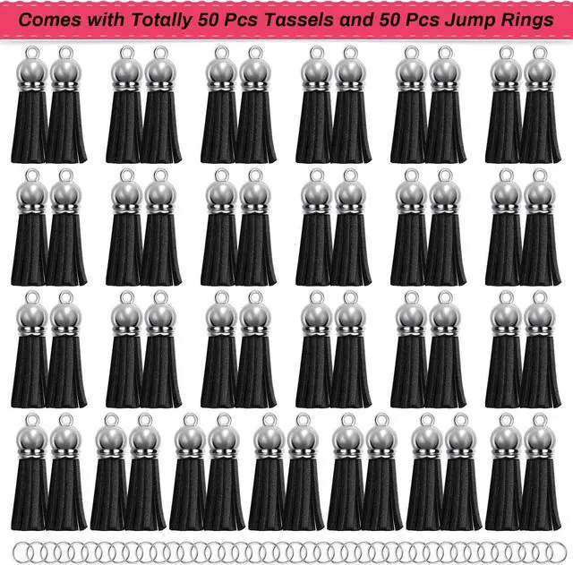 Alt view image 3 of 7 - Keychain Tassels Bulk, Paxcoo Small Tassels for Jewelry Making, 50pcs Leather Tassel Keychain Charms with 50pcs Jump Rings for DIY Key Chain Craft, Black
