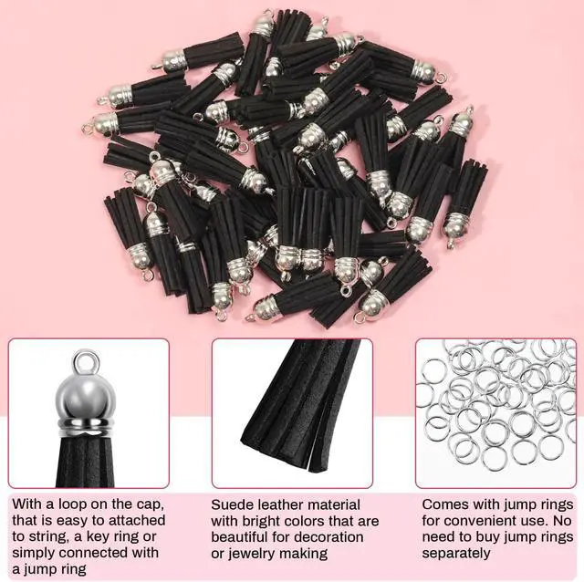 Alt view image 4 of 7 - Keychain Tassels Bulk, Paxcoo Small Tassels for Jewelry Making, 50pcs Leather Tassel Keychain Charms with 50pcs Jump Rings for DIY Key Chain Craft, Black