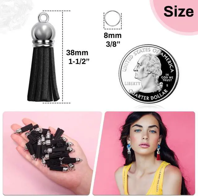 Alt view image 5 of 7 - Keychain Tassels Bulk, Paxcoo Small Tassels for Jewelry Making, 50pcs Leather Tassel Keychain Charms with 50pcs Jump Rings for DIY Key Chain Craft, Black