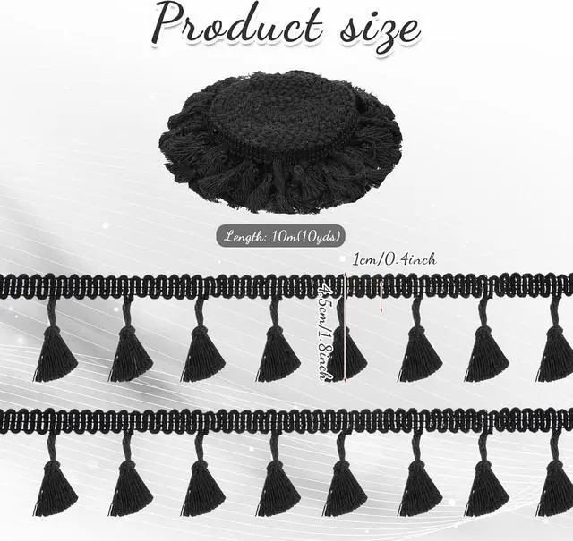 Alt view image 2 of 7 - Black 10 Yards Tassel Trim, Mini Fringe Sewing Trim Embellishments Vintage Braid Curtain Tassels Sewing Trims for Home Hotel Curtain Pillow Blanket Lamp Shade Clothing DIY Crafts Decoration