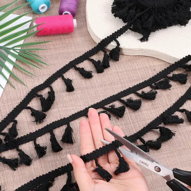 Alt view image 6 of 7 - Black 10 Yards Tassel Trim, Mini Fringe Sewing Trim Embellishments Vintage Braid Curtain Tassels Sewing Trims for Home Hotel Curtain Pillow Blanket Lamp Shade Clothing DIY Crafts Decoration