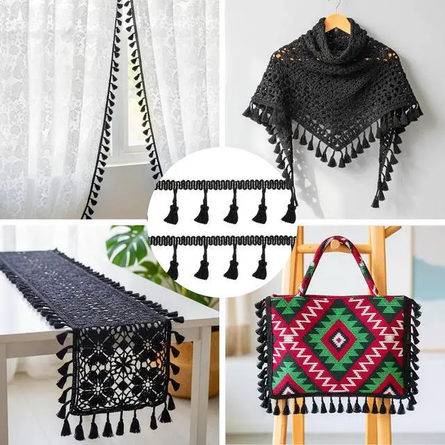 Alt view image 5 of 7 - Black 10 Yards Tassel Trim, Mini Fringe Sewing Trim Embellishments Vintage Braid Curtain Tassels Sewing Trims for Home Hotel Curtain Pillow Blanket Lamp Shade Clothing DIY Crafts Decoration