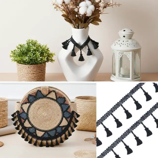 Alt view image 7 of 7 - Black 10 Yards Tassel Trim, Mini Fringe Sewing Trim Embellishments Vintage Braid Curtain Tassels Sewing Trims for Home Hotel Curtain Pillow Blanket Lamp Shade Clothing DIY Crafts Decoration