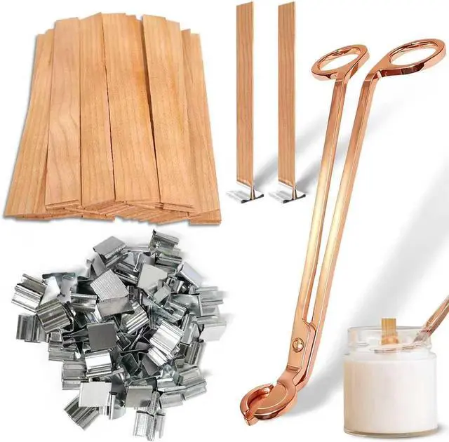 Main image of Wood Wicks for Candles Making, 100pcs Wood Candle Wicks, Include 50pcs 5.1 X 0.5 Inch Candle Making Wicks and 50pcs Iron Stand Naturally Smokeless,Wooden Candle Wicks with Rose Gold Trimmer for DIY.