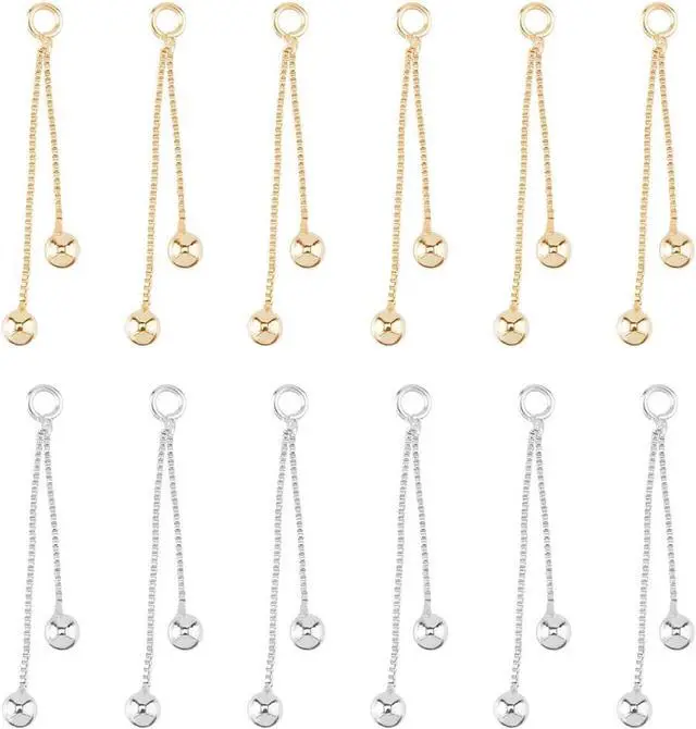Main image of 12Pcs 2 Colors Real 14k Gold Plated Tassel Earring Charm 1.5 Inch Tassel Chain Pendant Earrings Platinum Fringe Pendants End Ball Decorations Brass Alloy for DIY Earrings Jewelry Making