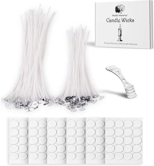 Main image of Candle Wicks 90 Pcs (4 inch, 6 inch, 8 inch) with 2 Candle Wick Holders & 90 Wick Tab Stickers, Long Lasting Pre-Waxed & Tabbed Cotton Threads with No Black Smoke for DIY Crafts