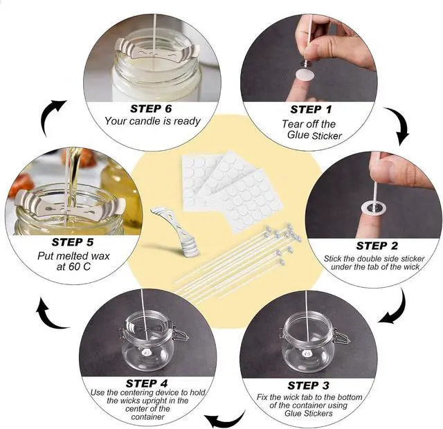 Alt view image 3 of 7 - Candle Wicks 90 Pcs (4 inch, 6 inch, 8 inch) with 2 Candle Wick Holders & 90 Wick Tab Stickers, Long Lasting Pre-Waxed & Tabbed Cotton Threads with No Black Smoke for DIY Crafts