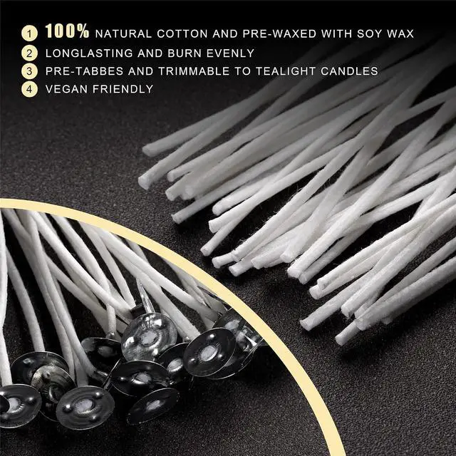 Alt view image 4 of 7 - Candle Wicks 90 Pcs (4 inch, 6 inch, 8 inch) with 2 Candle Wick Holders & 90 Wick Tab Stickers, Long Lasting Pre-Waxed & Tabbed Cotton Threads with No Black Smoke for DIY Crafts