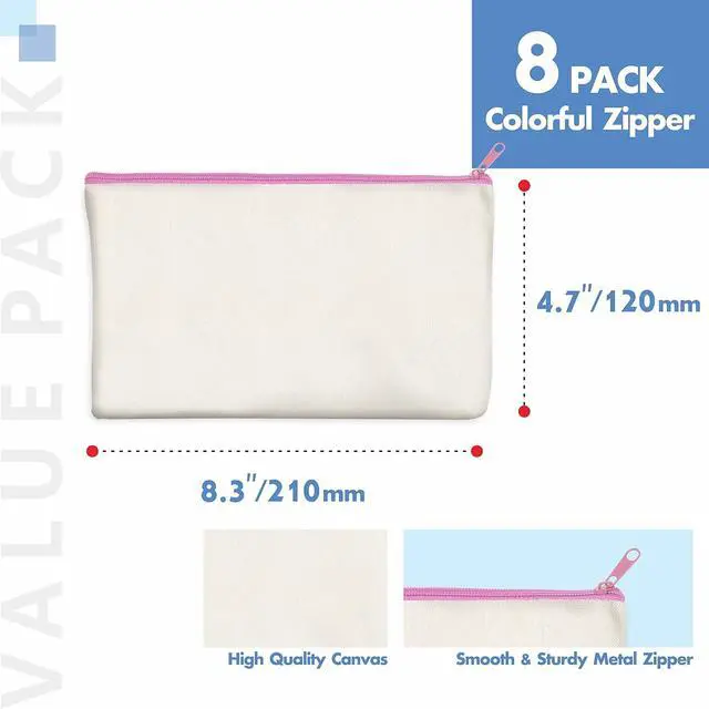 Alt view image 3 of 6 - 8 Pack Canvas Colorful Zipper Bags, DIY Craft Bags Travel Canvas Makeup Pouches for Cosmetic Toiletry Stationery Storage (Beige, 8.3 x 4.7)