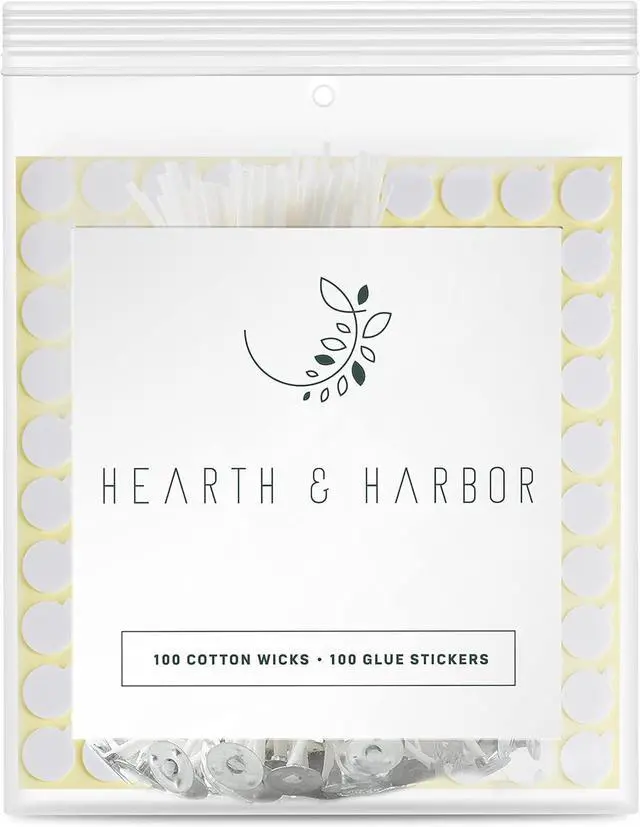 Main image of Hearth & Harbor Candle Wicks and Adhesive Candle Wick Stickers, 100 x 6-Inch Cotton Wicks + 100 Double-Sided Heat Resistant Candle Stickers