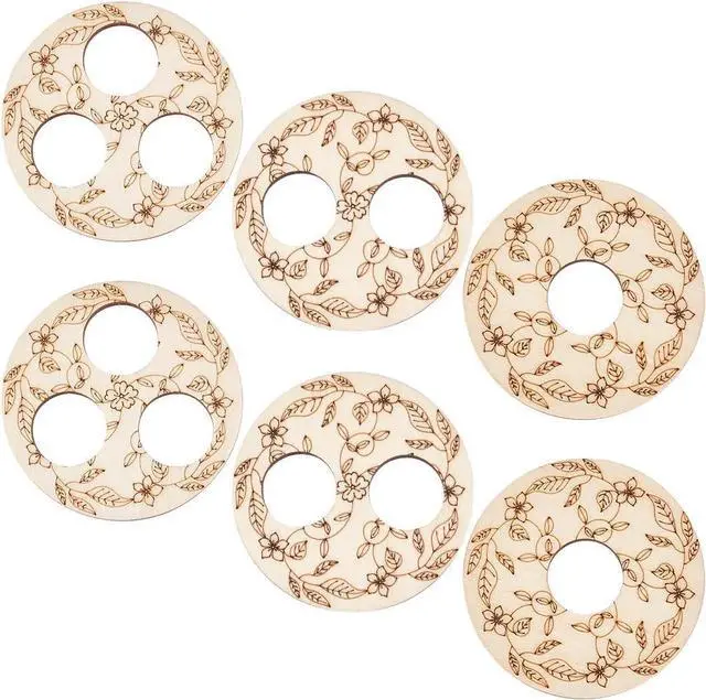 Main image of BENECREAT 6 Pcs 3 Styles Wooden Wick Centering Tool, 2.95 Inch Engraved Patterned Wick Holder, 1-Hole 2-Hole 3-Hole Candle Wick Stabilizer for Candle Making DIY