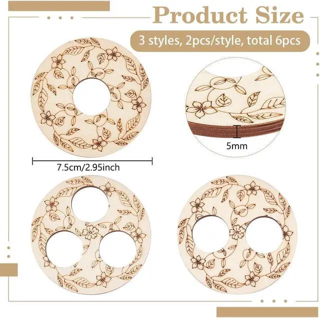Alt view image 2 of 6 - BENECREAT 6 Pcs 3 Styles Wooden Wick Centering Tool, 2.95 Inch Engraved Patterned Wick Holder, 1-Hole 2-Hole 3-Hole Candle Wick Stabilizer for Candle Making DIY