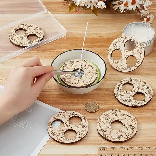 Alt view image 3 of 6 - BENECREAT 6 Pcs 3 Styles Wooden Wick Centering Tool, 2.95 Inch Engraved Patterned Wick Holder, 1-Hole 2-Hole 3-Hole Candle Wick Stabilizer for Candle Making DIY