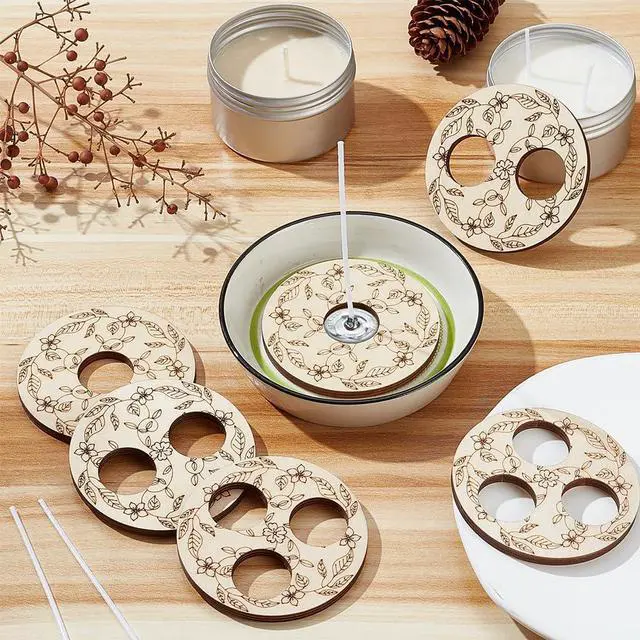 Alt view image 5 of 6 - BENECREAT 6 Pcs 3 Styles Wooden Wick Centering Tool, 2.95 Inch Engraved Patterned Wick Holder, 1-Hole 2-Hole 3-Hole Candle Wick Stabilizer for Candle Making DIY