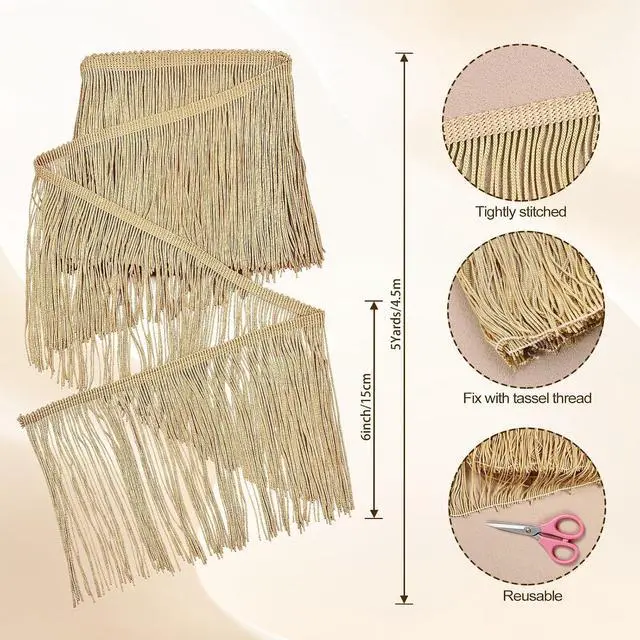 Alt view image 2 of 7 - 5 Yard 6 Inch Chainette Fringe Trim, Tassel Sewing Trim | for Handmade DIY, Curtains, Latin-Style Dresses and Lampshade Decorations