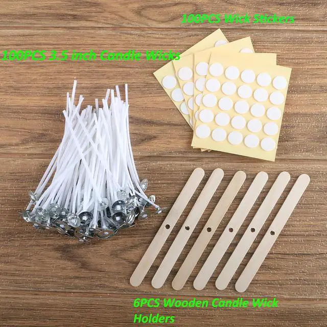 Alt view image 2 of 7 - MILIVIXAY 3.5" Candle Wick Bundle: 100PCS Candle Wicks, 100PCS Candle Wick Stickers and 6PCS Wooden Candle Wick Holders - Wicks Coated with Paraffin Wax, Cotton Wicks Kits for Candle Making.