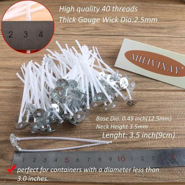 Alt view image 4 of 7 - MILIVIXAY 3.5" Candle Wick Bundle: 100PCS Candle Wicks, 100PCS Candle Wick Stickers and 6PCS Wooden Candle Wick Holders - Wicks Coated with Paraffin Wax, Cotton Wicks Kits for Candle Making.