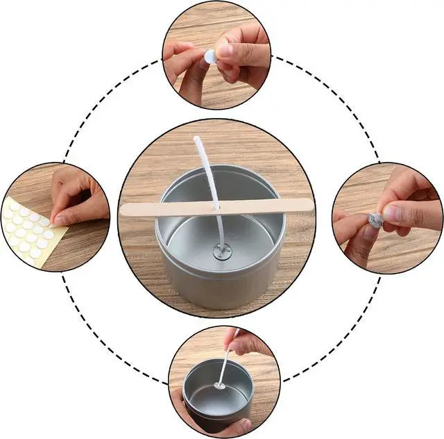 Alt view image 7 of 7 - MILIVIXAY 3.5" Candle Wick Bundle: 100PCS Candle Wicks, 100PCS Candle Wick Stickers and 6PCS Wooden Candle Wick Holders - Wicks Coated with Paraffin Wax, Cotton Wicks Kits for Candle Making.