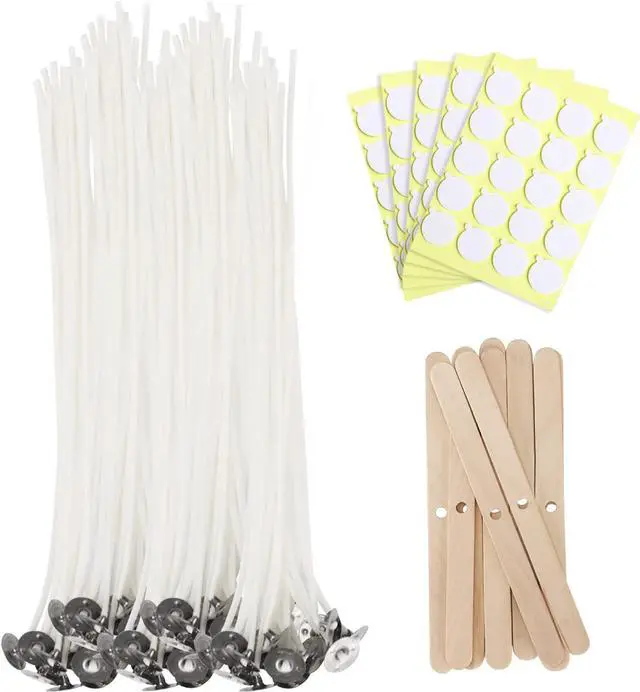 Main image of JEAWIWI 100 Pcs Cotton Candle Wicks, 10 in, with Wick Stickers & Holders | Candle Wicks for Soy Wax, Beeswax, Coconut Wax, DIY Candle Making, Party Favors, Home Decor, Wedding & Gifts