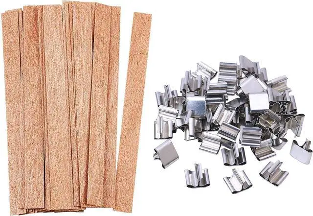 Main image of 100 Pcs Wood Candle Wicks for Candle Making-50 Wicks & 50 Wick Holders | Smokeless Wooden Wicks Long Lasting Candle Cores with Iron Standers for Candle Making Supplies, 5.1 X 0.5 Inch