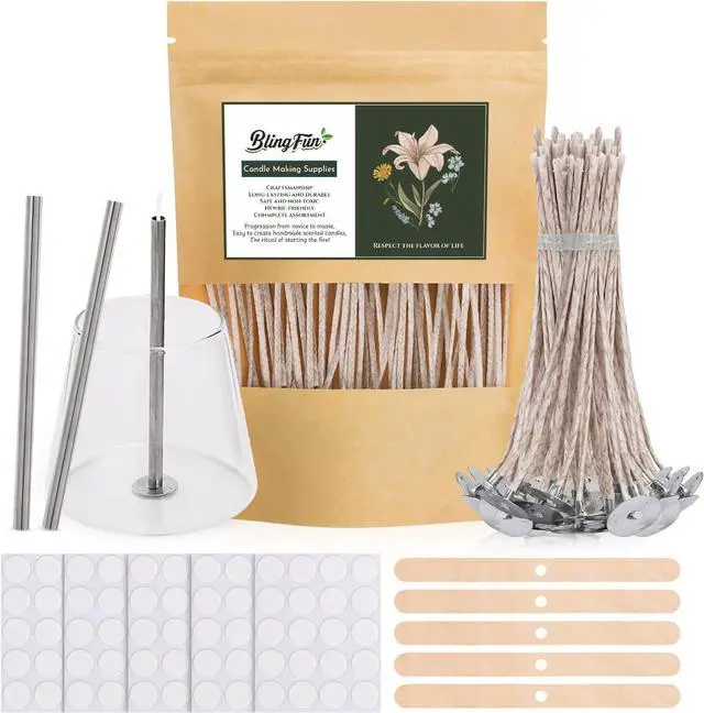 Main image of 200pcs Natural Candle Wick kit,100pcs Wick Stickers with 5pcs Wick Holders and 2pcs Wick Placing Tubefor Soy Wax, Beeswax, Coconut Wax - DIY Candle Making Supplies for Beginners & Professionals