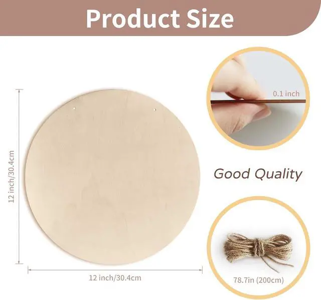 Alt view image 2 of 7 - 12 Inch Unfinished Wood Circles for Crafts, Wood Rounds Plaques for Cricut Crafts, Wooden Discs for Door Hanger Sign, Painting, Wood Burning, Christmas Home Décor(4Pcs Circle with Holes)