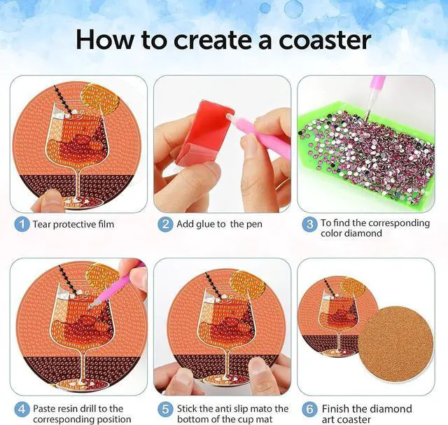 Alt view image 6 of 7 - igoodom 6 Pcs Cocktail Diamond Art Coasters Kit for Adults, DIY Craft Set | Diamond Painting Coasters Kit - A Fun DIY Craft Set for Home Use, Party Decoration, And Thoughtful Gift Ideas 3.9x3.9inch
