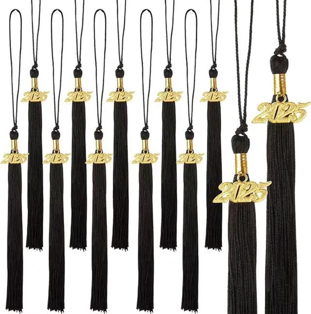 Alt view image 5 of 6 - 2025 Tassel Graduation Black 9", Elegant Black Tassel with 2025 Year Charm Gold Date Drop, Tassels for Graduation Cap 2025