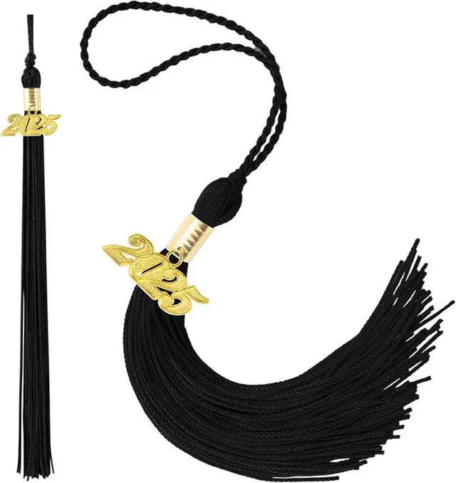 Alt view image 2 of 6 - 2025 Tassel Graduation Black 9", Elegant Black Tassel with 2025 Year Charm Gold Date Drop, Tassels for Graduation Cap 2025