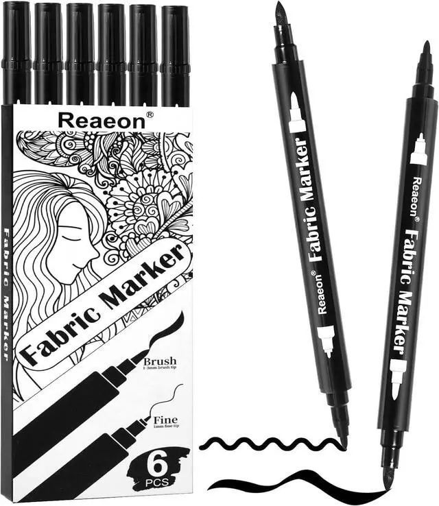 Main image of Reaeon Black Fabric Markers, Dual Tip Fabric Paint Markers, Permanent Fabric Pens for Clothes, T Shirts, Canvas, Bags (6pack)