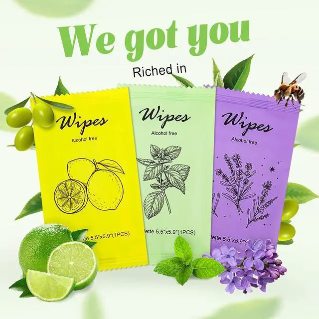 Alt view image 2 of 6 - Individual Hand Wipes Wet Wipes Travel Size,Wet Wipes Individually Wrapped | 60PCS Bulk Cleansing Travel Size Wipes for Wedding Travel Restaurant Barbecue(Mint,Lemon,Lavender)
