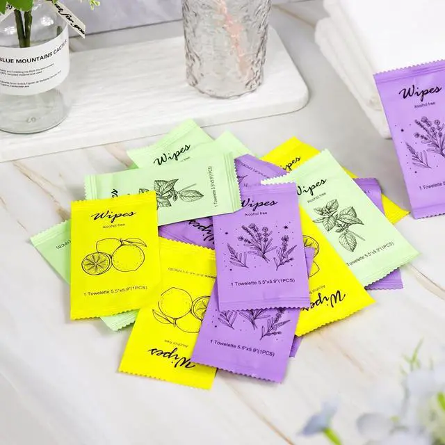 Alt view image 4 of 6 - Individual Hand Wipes Wet Wipes Travel Size,Wet Wipes Individually Wrapped | 60PCS Bulk Cleansing Travel Size Wipes for Wedding Travel Restaurant Barbecue(Mint,Lemon,Lavender)