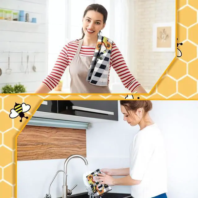 Alt view image 4 of 7 - Tegeme 4 Pcs Summer Bee Kitchen Tea Towels Honeycomb,White Yellow,Gnome | Absorbent 16x24 Inch Dish Towel Set, Summer Honeybee Decor for Kitchen Home, Soft Washcloth, Gift for Bee Lovers